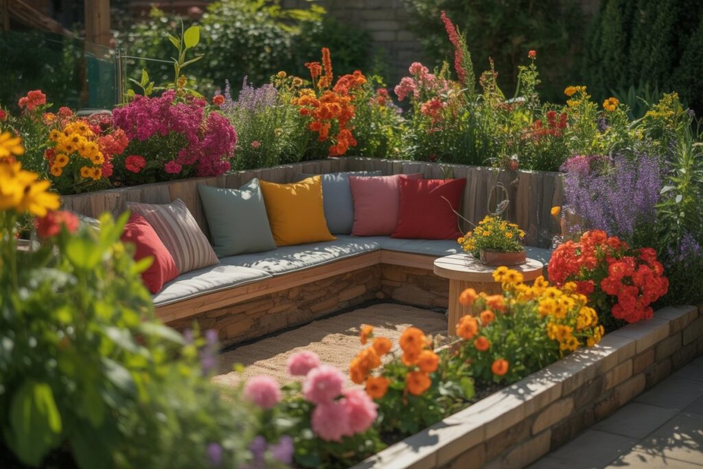 raised flower bed with seating area