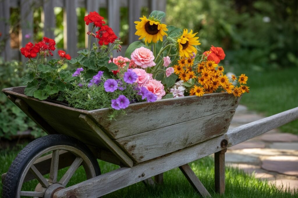 wheelbarrow flower bed