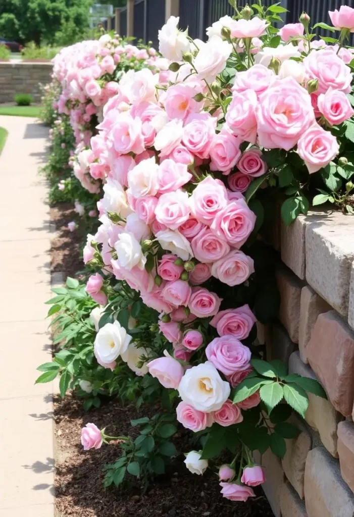 roses on retaining wall